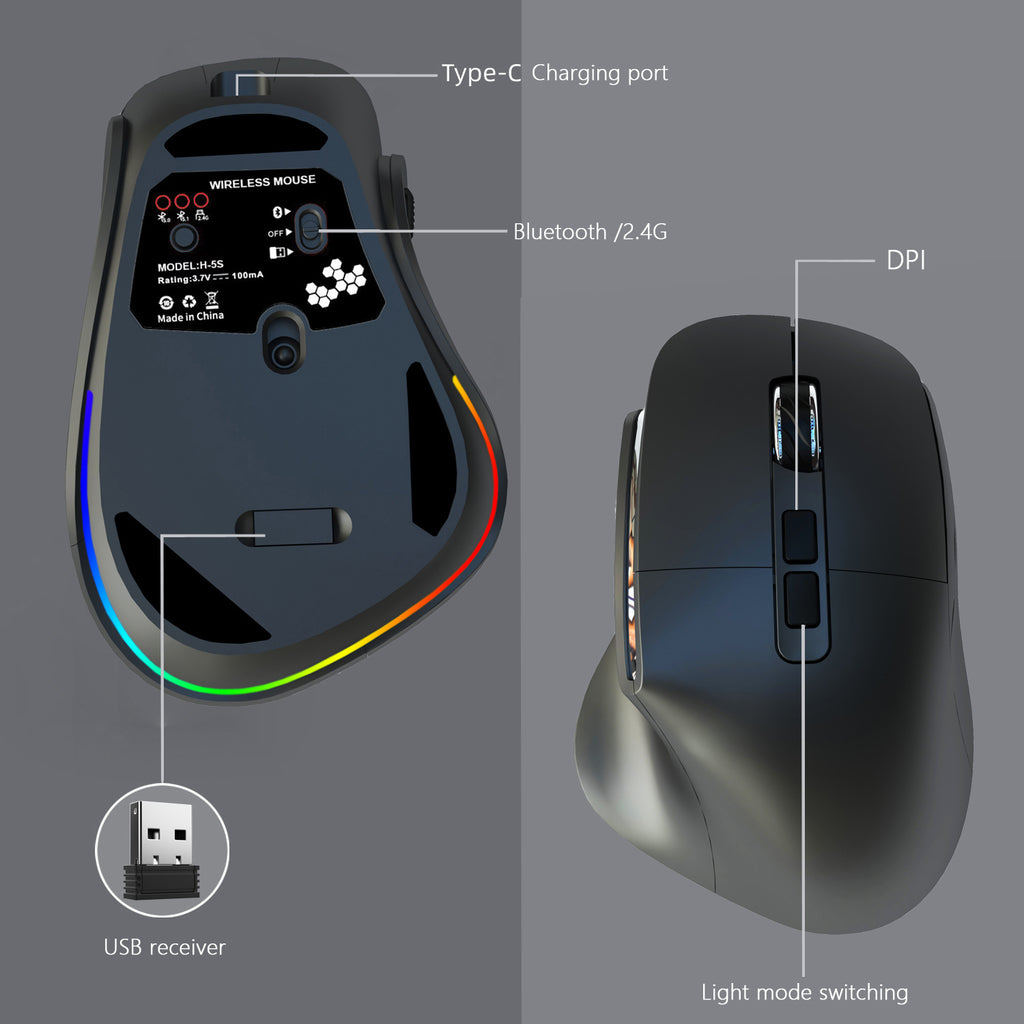 Ergonomic Vertical Wireless Mouse - Dual Mode (2.4G + Bluetooth), RGB Light, Rechargeable 500mAh Battery(White)
