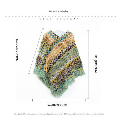 Rose red Lightweight Chevron Knit Poncho for Women - Elegant Fringed Shawl Wrap