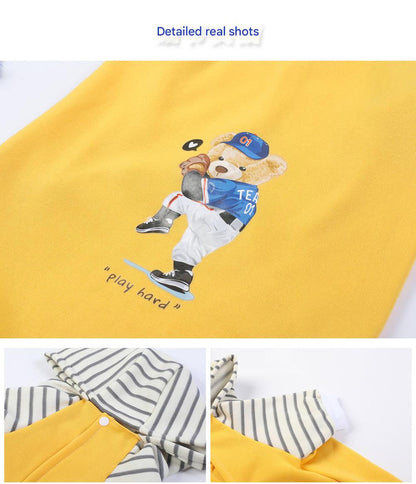 Autumn/Winter Dog Clothes - Grey Hoodie with Striped Hood & Baseball Bear (Size - 5XL)