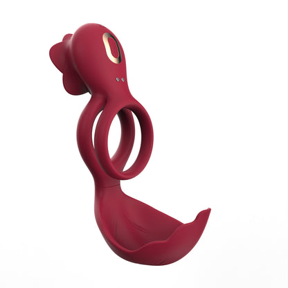Red Romantic Rose Dual Motor Vibrating Couples Pleasure Ring - Rechargeable Silicone Enhancer