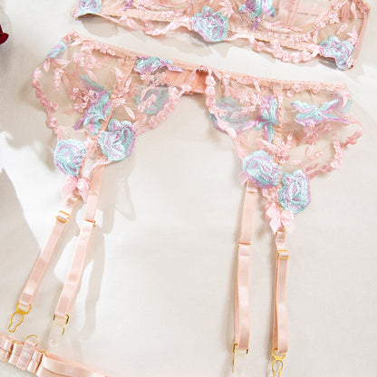 Size XL Pink Elegant Floral Embroidered Sheer 5-Piece Lingerie Set - Bra, Thong, Garter Belt, Choker & Thigh Straps