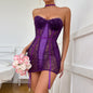 Size L Seductive Purple Lace & Satin Corset Lingerie Dress - Strapless Bustier with Halter Neck & Garters