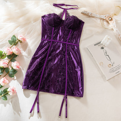 Size L Seductive Purple Lace & Satin Corset Lingerie Dress - Strapless Bustier with Halter Neck & Garters