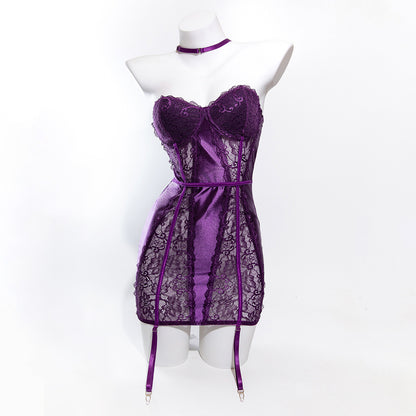 Size L Seductive Purple Lace & Satin Corset Lingerie Dress - Strapless Bustier with Halter Neck & Garters