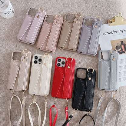 Black Chic PU Leather Crossbody Wallet Case for iPhone 16 - Card Holder with Detachable Strap & Finger Ring Grip