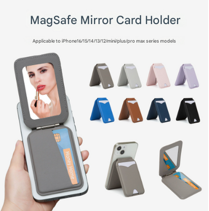 Light Grey Chic MagSafe Wallet with Mirror & Stand - PU Leather Card Holder for iPhone 12-16 Series