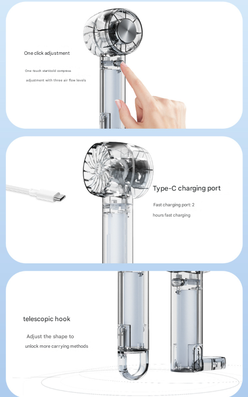 Transparent Green Portable Mini Cooling Fan with Semiconductor Ice Compress - USB-C Rechargeable, 3-Speed Turbine & Transparent Design