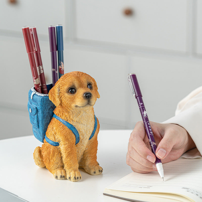 Blue Backpack Charming Golden Retriever Puppy Pen Holder - Resin Desktop Organizer & Decorative Figurine