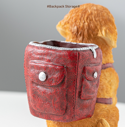 Blue Backpack Charming Golden Retriever Puppy Pen Holder - Resin Desktop Organizer & Decorative Figurine