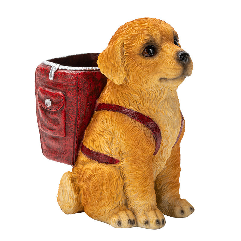Red Backpack Charming Golden Retriever Puppy Pen Holder - Resin Desktop Organizer & Decorative Figurine