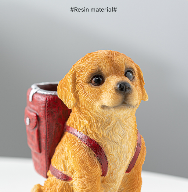 Red Backpack Charming Golden Retriever Puppy Pen Holder - Resin Desktop Organizer & Decorative Figurine