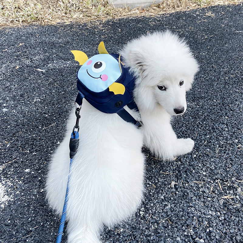 Dark Blue Adorable Monster Pet Backpack Harness - Small Dog & Cat Treat Pouch with Poop Bag Dispenser