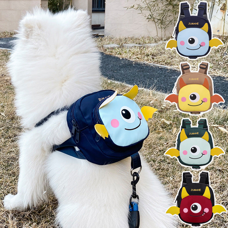 Dark Blue Adorable Monster Pet Backpack Harness - Small Dog & Cat Treat Pouch with Poop Bag Dispenser