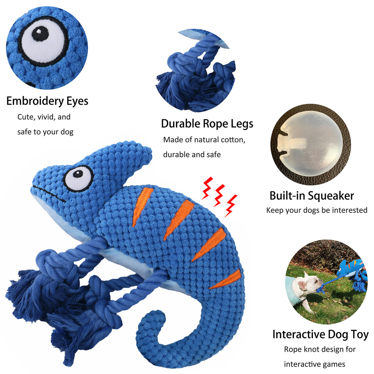 2 Pcs Purple Interactive Plush Chameleon Dog Toy with Squeaker & Rope Legs - Durable Chew Toy for Medium/Large Dogs, Teeth Cleaning Texture, Machine Washable (10.2in)