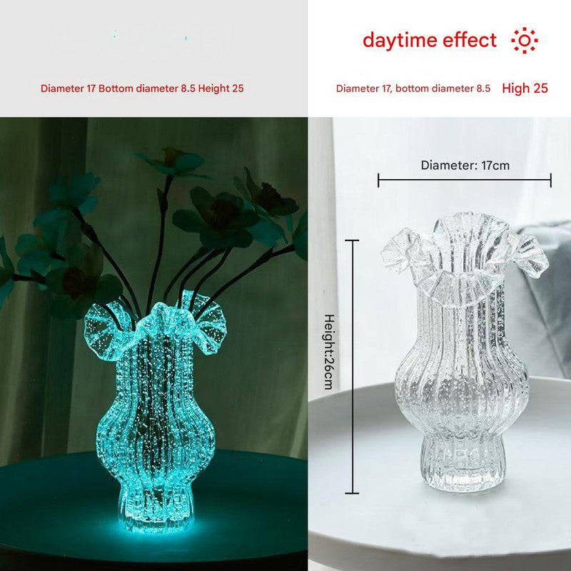 Transparent Elegant Glow-in-the-Dark Glass Vase - Vintage-Style Ruffled & Ribbed Centrepiece