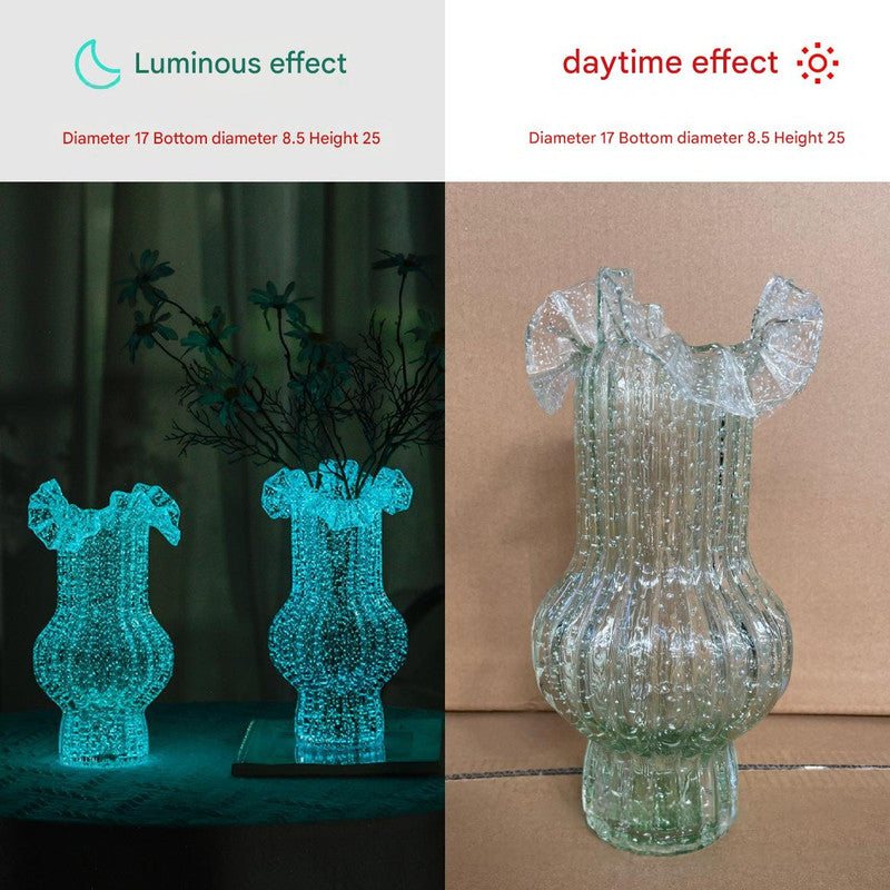 Green Elegant Glow-in-the-Dark Glass Vase - Vintage-Style Ruffled & Ribbed Centrepiece