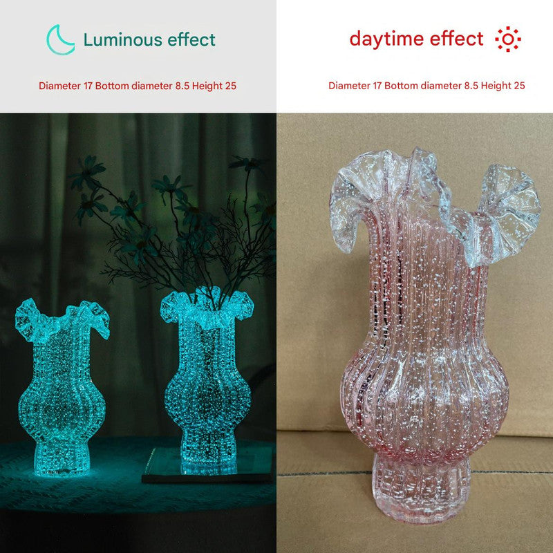 Pink Elegant Glow-in-the-Dark Glass Vase - Vintage-Style Ruffled & Ribbed Centrepiece