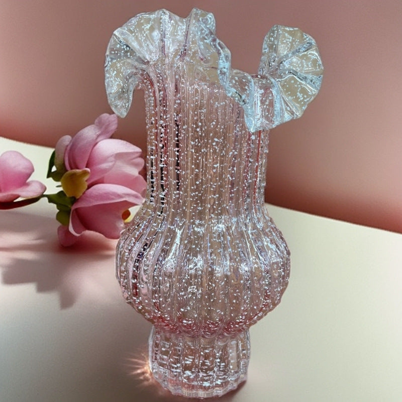 Pink Elegant Glow-in-the-Dark Glass Vase - Vintage-Style Ruffled & Ribbed Centrepiece