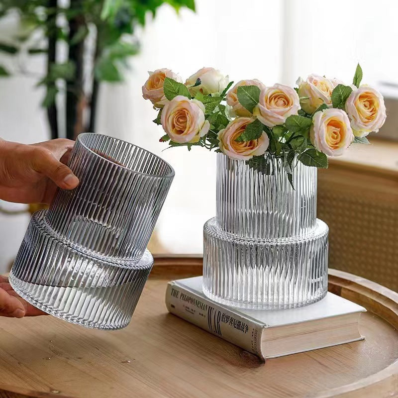 Transparent Modern Two-Tier Ribbed Glass Vase - Elegant Cylindrical Flower Centrepiece for Home Decor