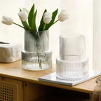 Transparent Modern Two-Tier Ribbed Glass Vase - Elegant Cylindrical Flower Centrepiece for Home Decor