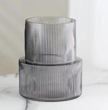Grey Modern Two-Tier Ribbed Glass Vase - Elegant Cylindrical Flower Centrepiece for Home Decor