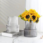Grey Modern Two-Tier Ribbed Glass Vase - Elegant Cylindrical Flower Centrepiece for Home Decor
