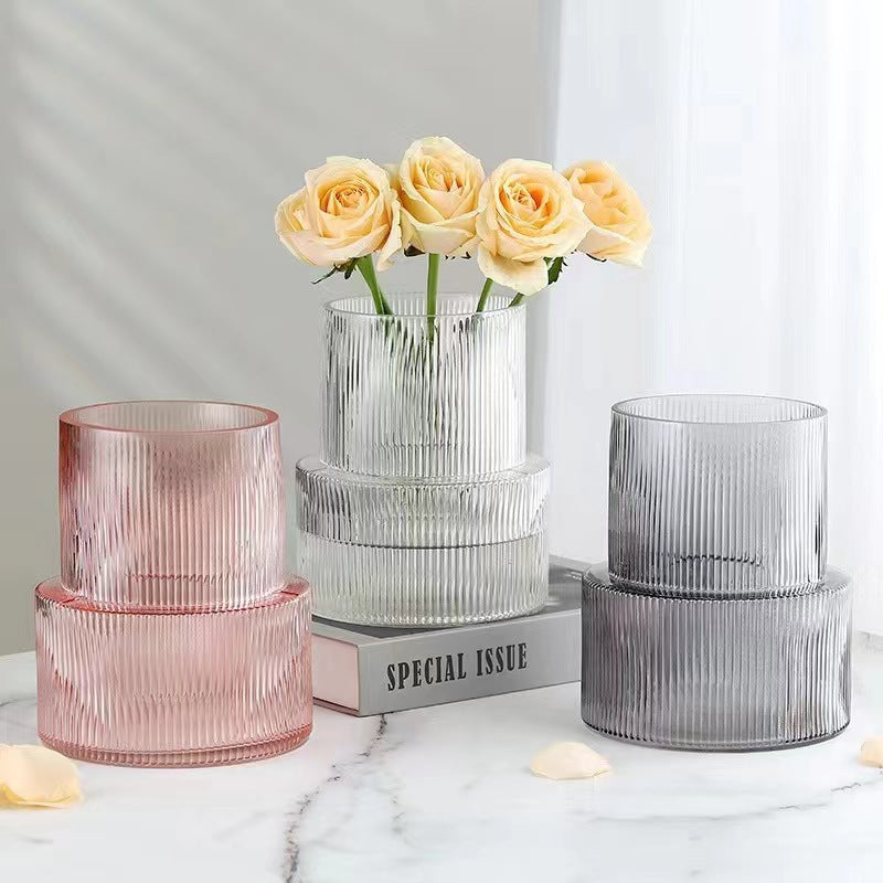 Pink Modern Two-Tier Ribbed Glass Vase - Elegant Cylindrical Flower Centrepiece for Home Decor