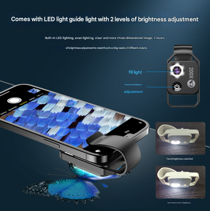 White Portable 200X Clip-On Microscope Lens for Smartphone - HD Pocket Magnifier with CPL Filter and LED Light(excluding mobile phones)