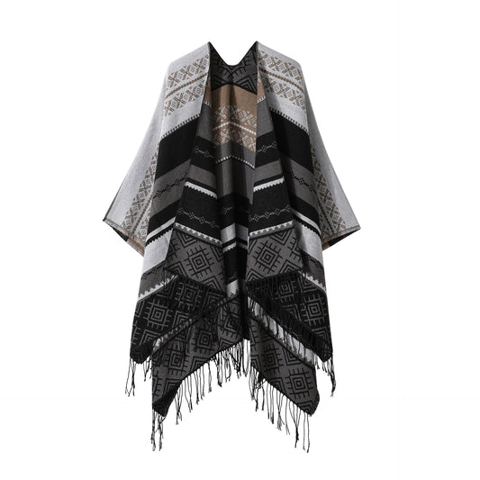 Black-grey Palindrome Fringe Bohemian Fringe Shawl Cloak - 160 x 135 cm Ethnic Inner Mongolia Style Double-Sided Scarf Cape