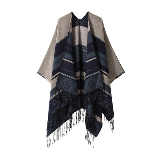 Navy Blue Palindrome Fringe Bohemian Fringe Shawl Cloak - 160 x 135 cm Ethnic Inner Mongolia Style Double-Sided Scarf Cape