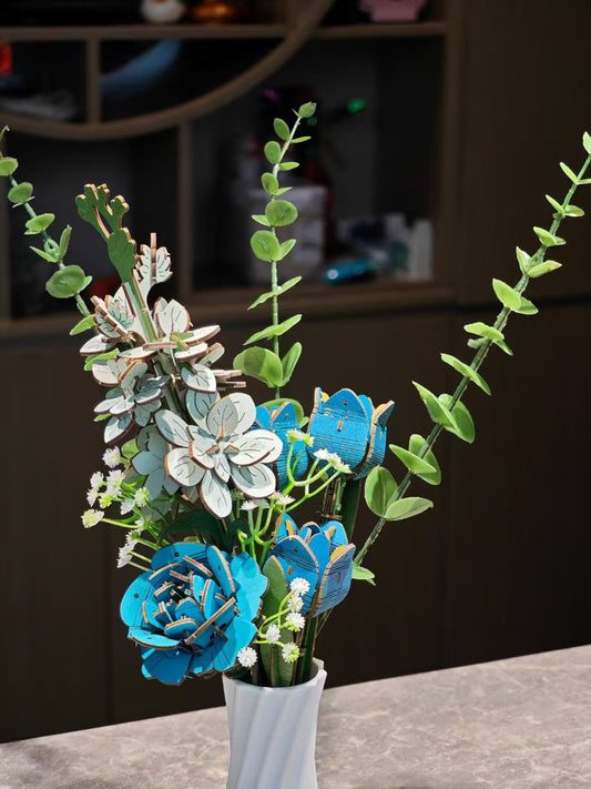 Blue DIY 3D Wooden Flower Bouquet Puzzle Set with Vase - Craft Kit for Kids and Adults