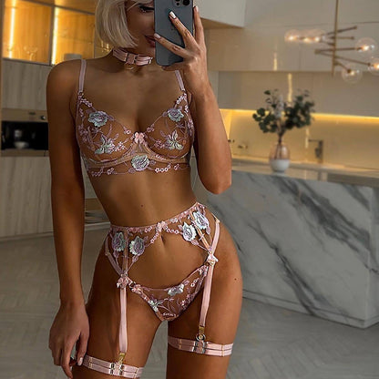 M Pink Sexy Sheer Floral Embroidery Lingerie Set - Open-Butt Shapewear Five-Piece Set