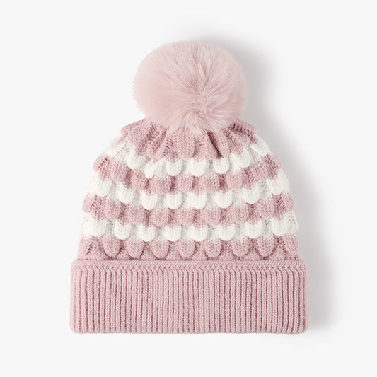 2-PCS Pink Stylish Two-Tone Pom-Pom Ear Warmer Knit Hat - Lined for Women