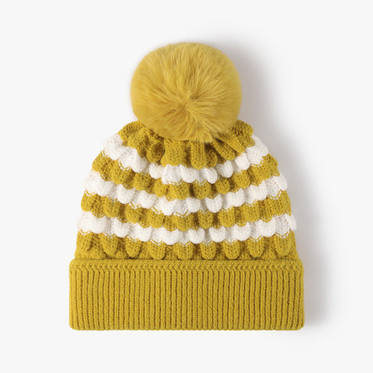 2-PCS Yellow Stylish Two-Tone Pom-Pom Ear Warmer Knit Hat - Lined for Women