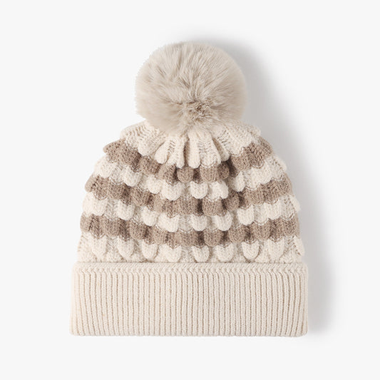 2-PCS Beige Stylish Two-Tone Pom-Pom Ear Warmer Knit Hat - Lined for Women