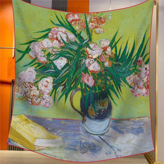 Oleander Elegant Artistry Shawl - Large 130cm Square Scarf with Oil Painting Print & Hand-Rolled Hem