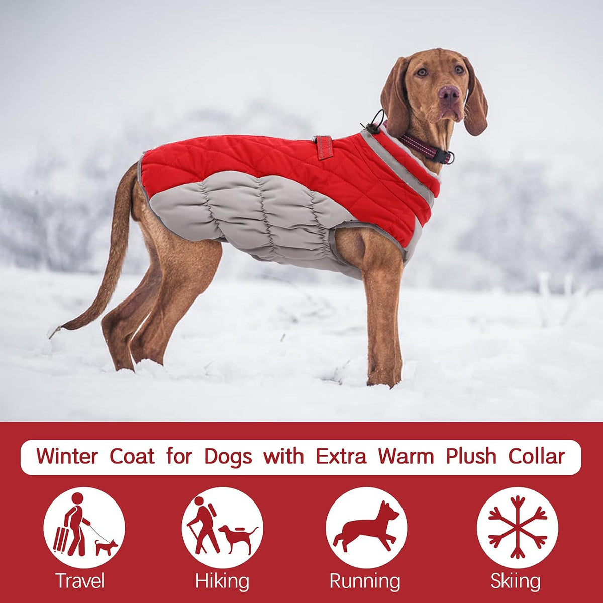 M Red Grey Premium Winter Puffer Dog Coat - Windproof & Fleece-Lined Jacket for Cold Weather