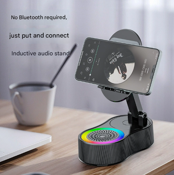 Black Magic Induction Speaker & Adjustable Phone Stand with RGB Lights