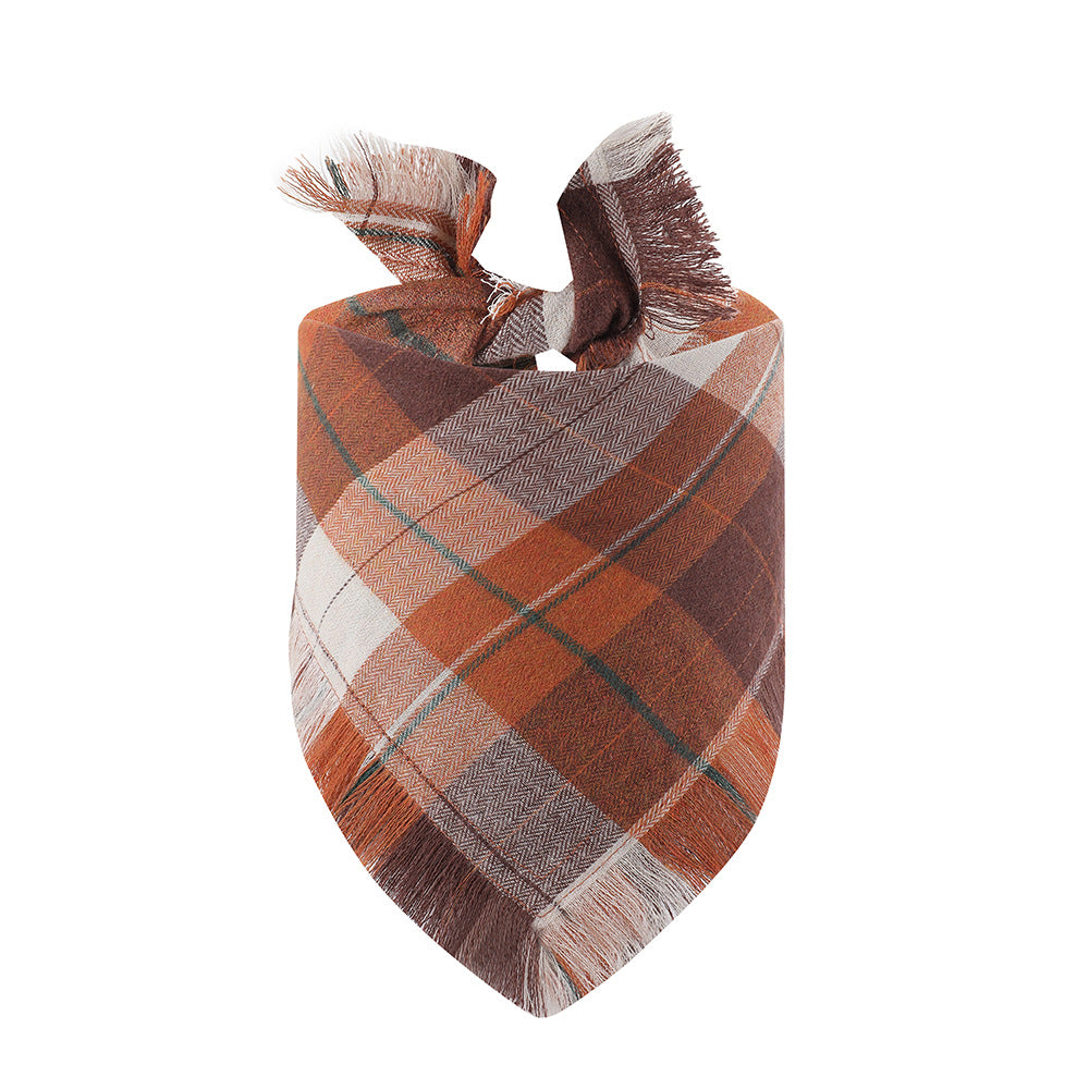 Brown M 65x45x45cm Thanksgiving Plaid Dog Bandana 2-Pack - Festive Tassel Triangle Scarf for Pets