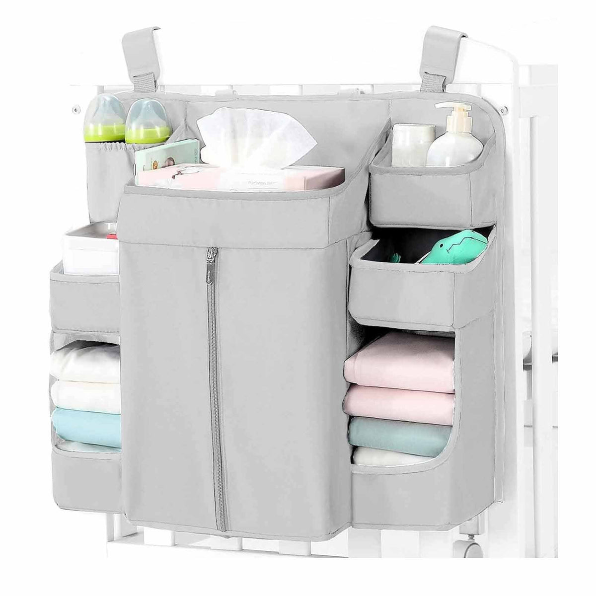 Grey Foldable Baby Crib Storage Hanging Bag - Large Capacity Organizer for Cribs and Changing Tables