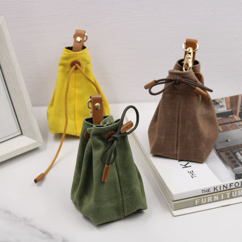 2-PCS Brown Clip-On Canvas Dog Treat Pouch - Portable Drawstring Bag for Training & Walks
