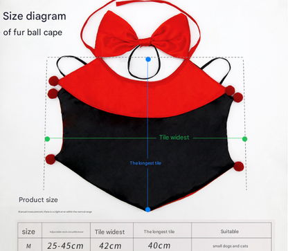 Red Regal Vampire Pet Cape | Halloween & Christmas Costume Cloak with Bow & Pom-Poms for Dogs and Cats(Size M)