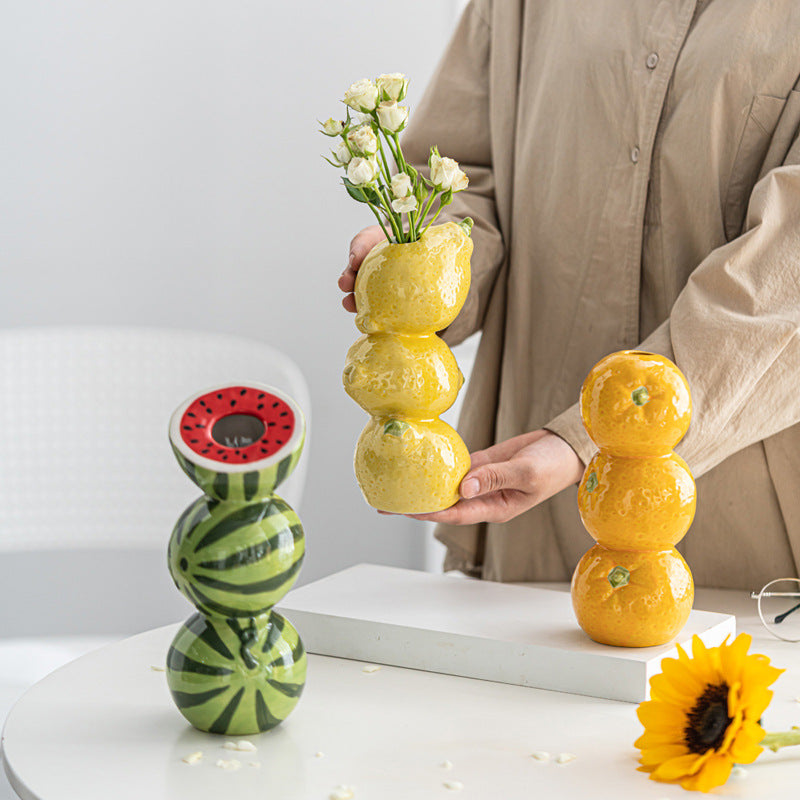 Watermelon Whimsical Stacked Fruit Ceramic Vase - Nordic Style Flower Holder for Modern Home Decor