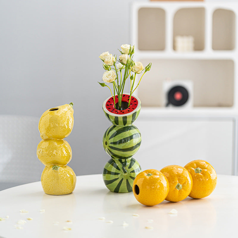 Watermelon Whimsical Stacked Fruit Ceramic Vase - Nordic Style Flower Holder for Modern Home Decor