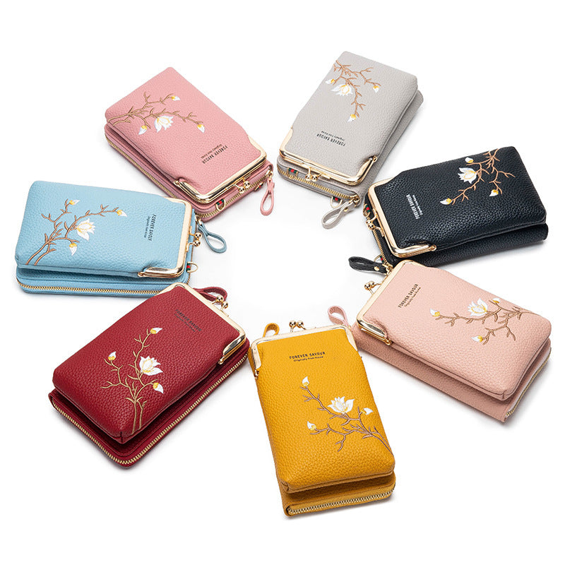 Black Chic Embroidered Crossbody Phone Wallet - All-in-One Purse with Kiss-Lock Clasp