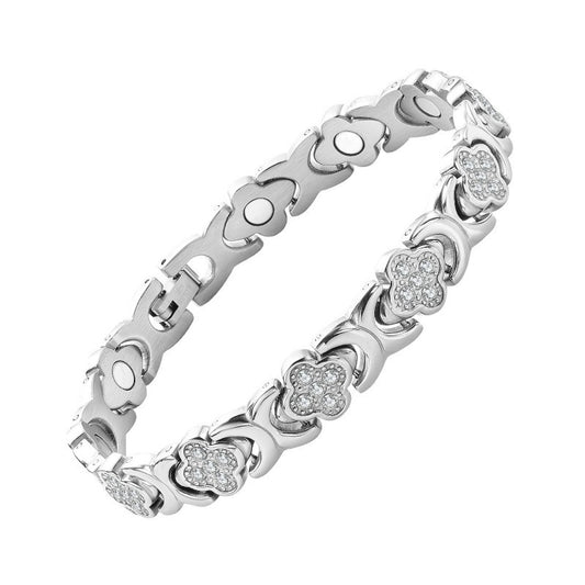Silver New Fashion Lightweight Luxury Four-Leaf Clover Diamond Inlaid Bracelet - Alloy Magnetic Watch Band Style Bracelet for Women + Free Disassembly Tool