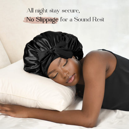 Pink Luxury Double Layer Satin Bonnet with Bow Tie - Large Hair Protection Sleep Cap for All Hair Types