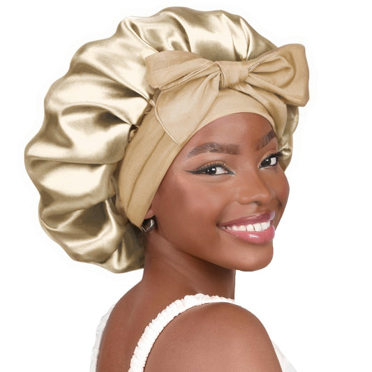 Khaki Luxury Double Layer Satin Bonnet with Bow Tie - Large Hair Protection Sleep Cap for All Hair Types
