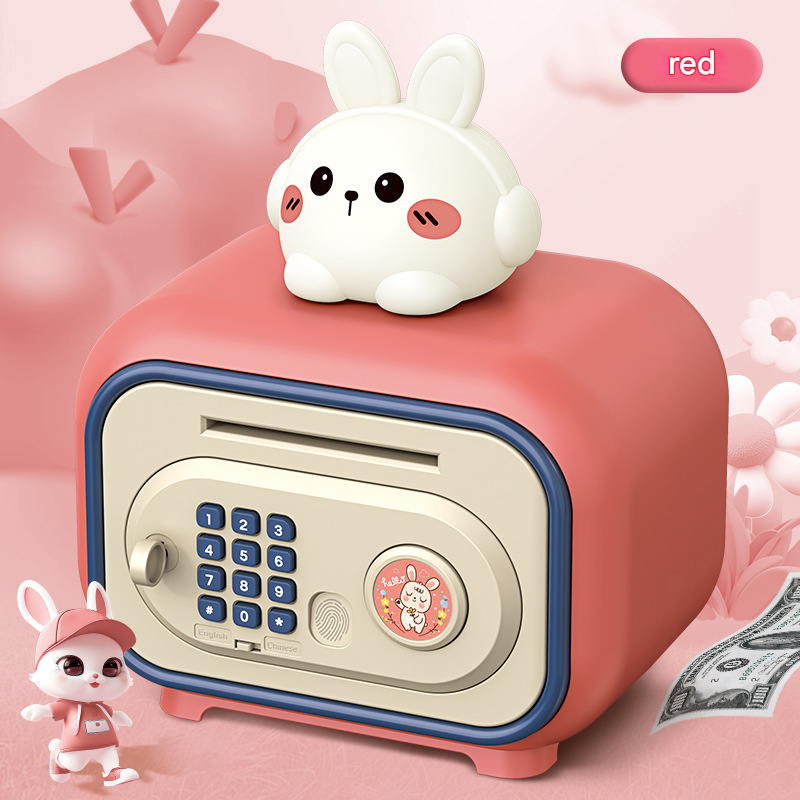 Interactive electronic piggy bank in red with rabbit on a pink background