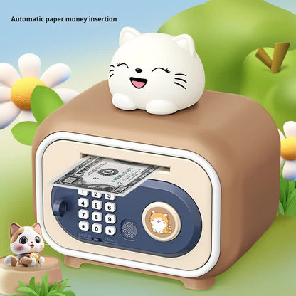 Showing the automatic paper money insertion on an electronic piggy bank with cat head on a green background